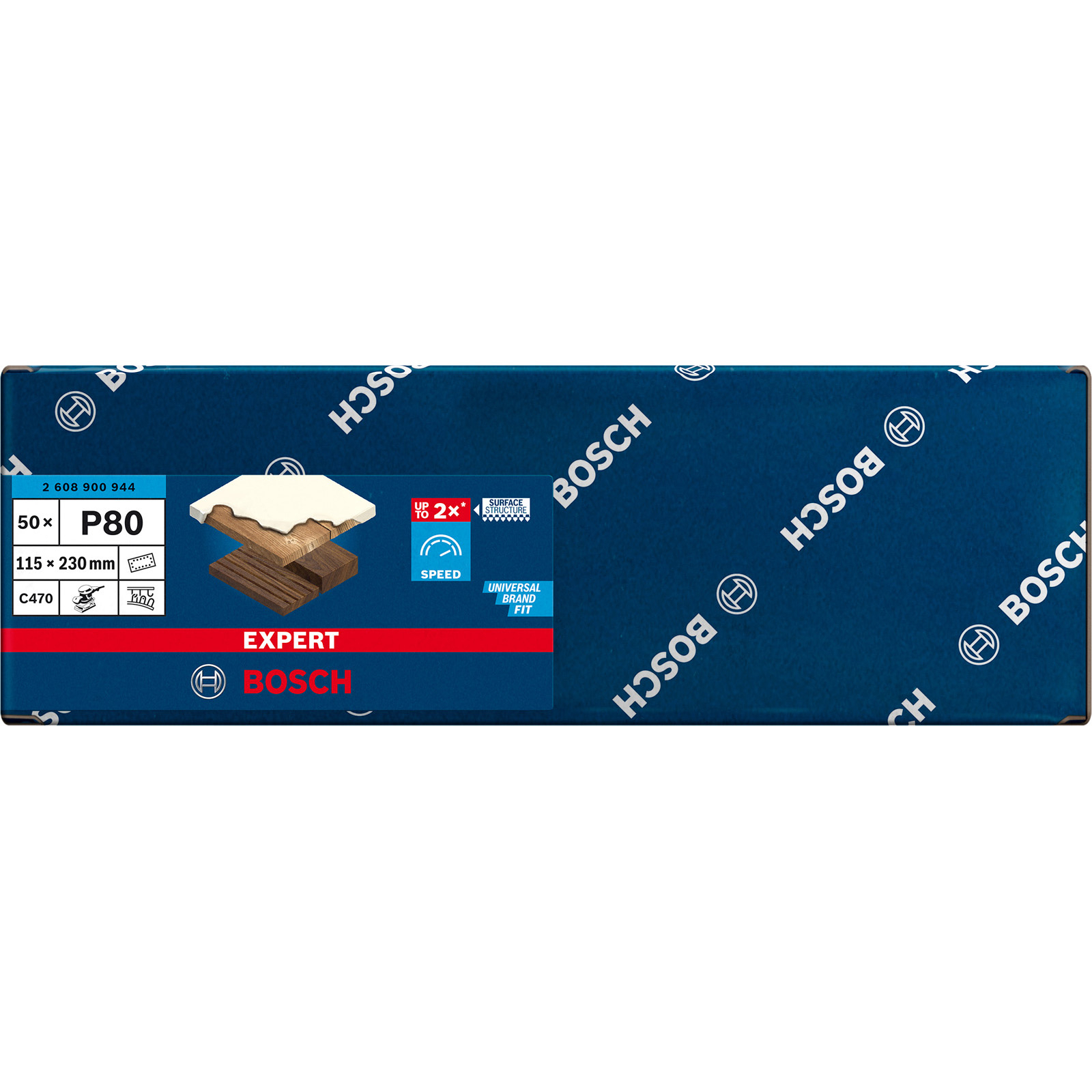 Confezione carta vetrata Bosch P80 con dettagli prodotto e logo Bosch.