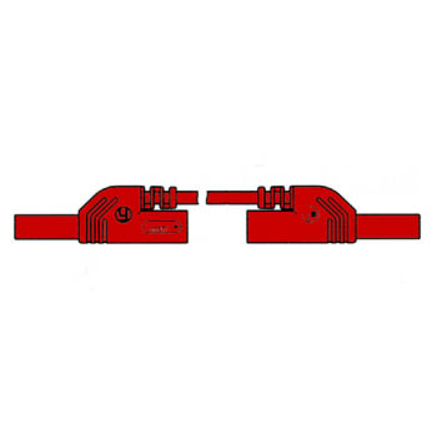 Zwei rote Stecker mit Rillen und einem Kreis-Symbol, die sich gegenüberliegen.