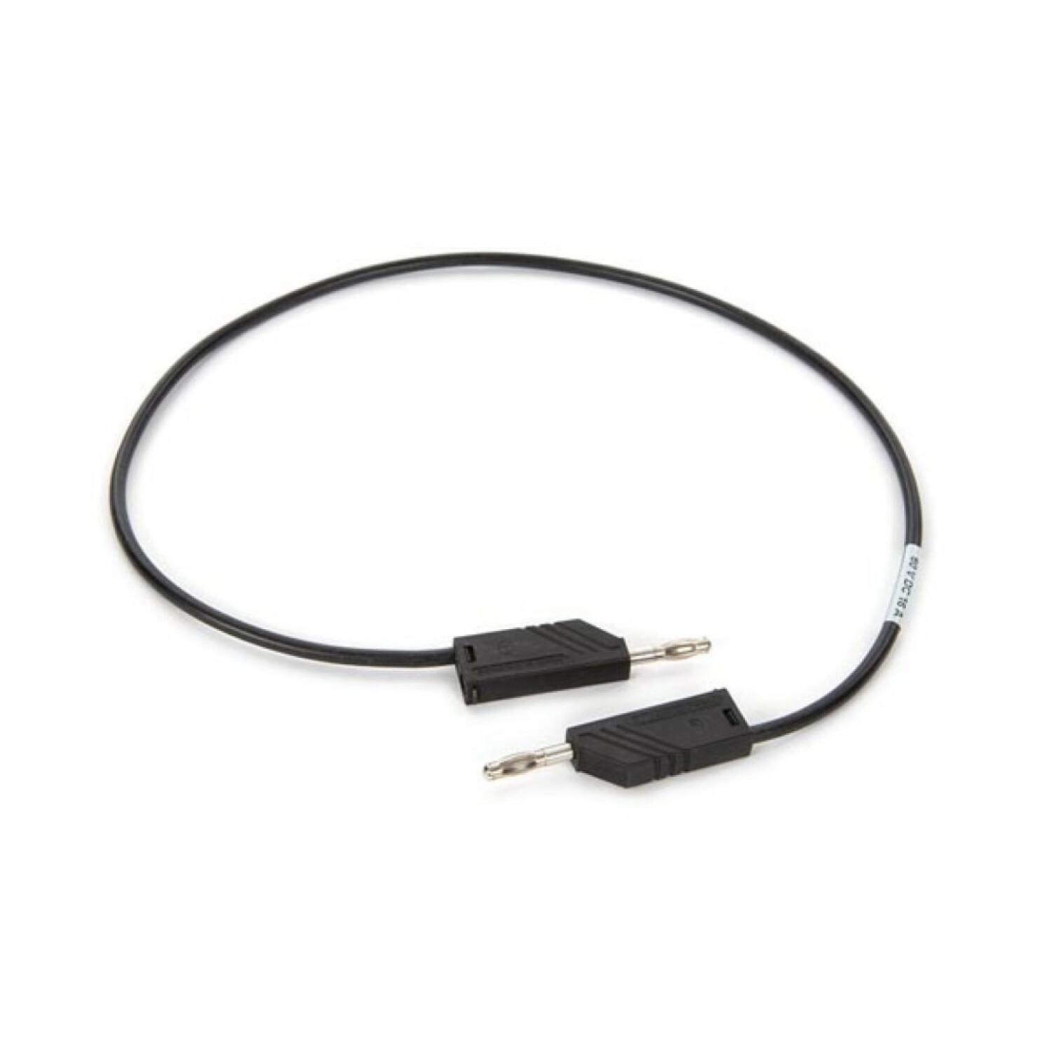 Schwarzes Kabel mit zwei Bananenstecker-Anschlüssen auf weißem Hintergrund.
