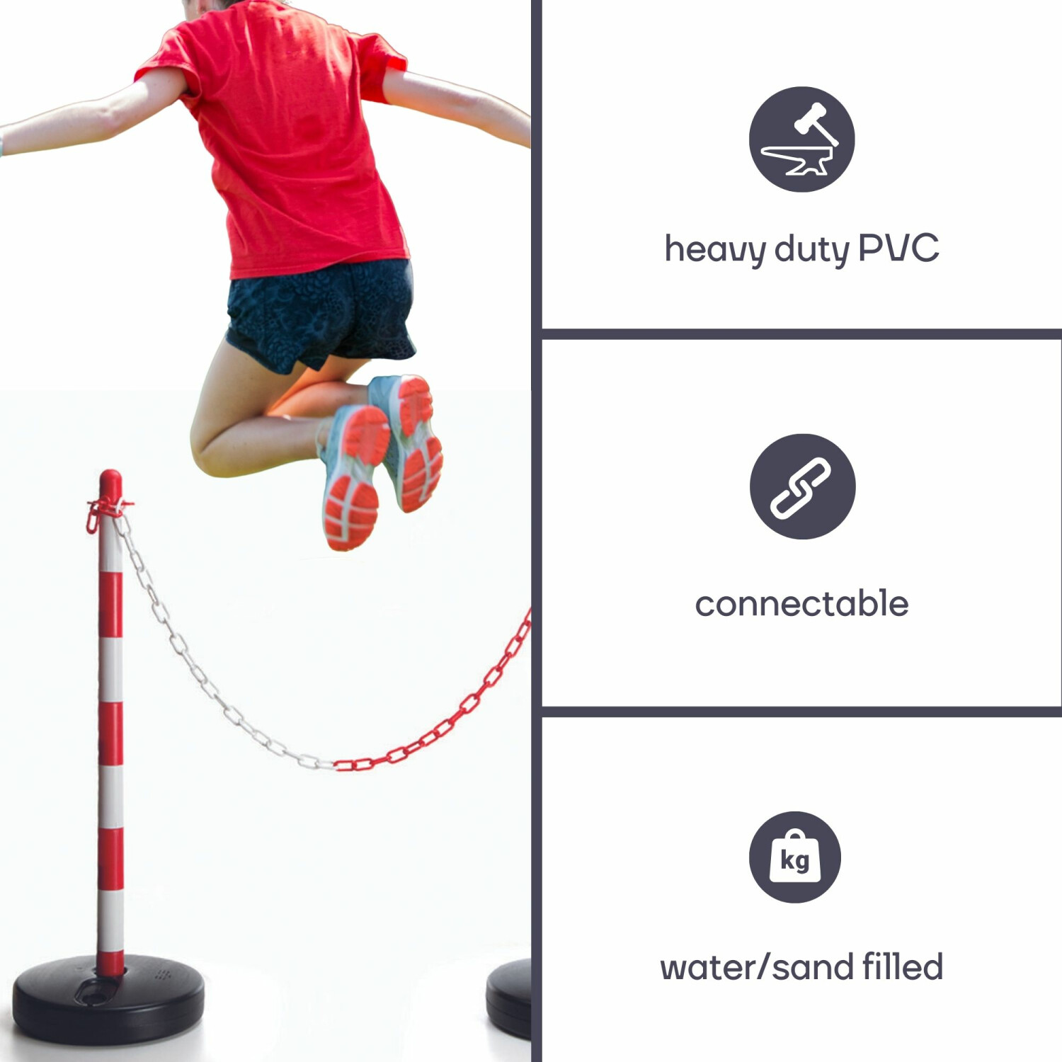 Ein Kind springt über eine Absperrkette. Schwerlast-PVC, verbindbar, Wasser-/Sandfüllung.