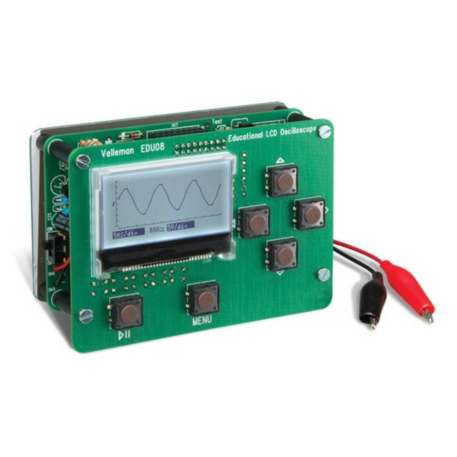Pädagogisches LCD-Oszilloskop mit Wellenform-Anzeige, Tasten und roten/schwarzen Kabeln.