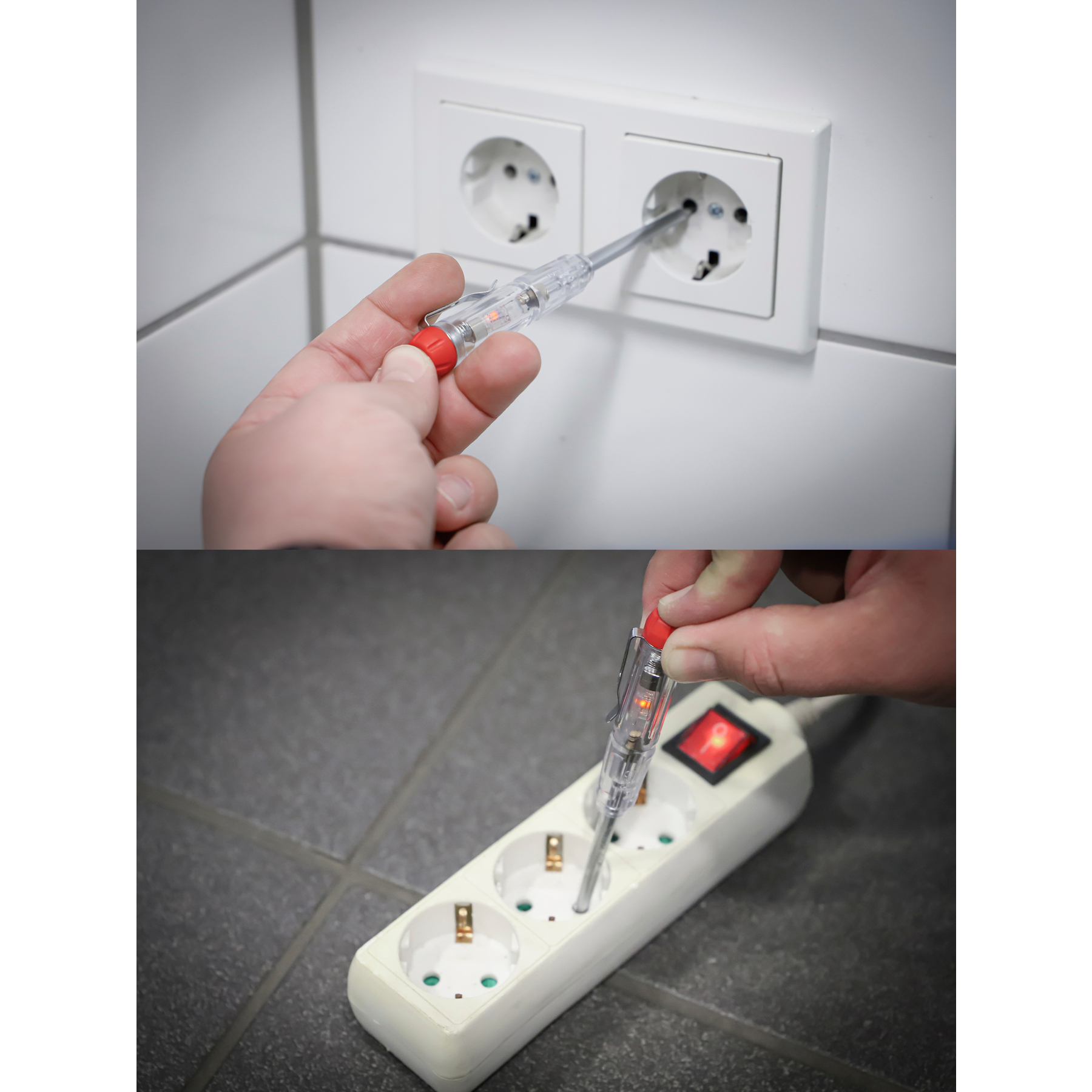 Ein Tester prüft eine Steckdose und eine Mehrfachsteckdose.
