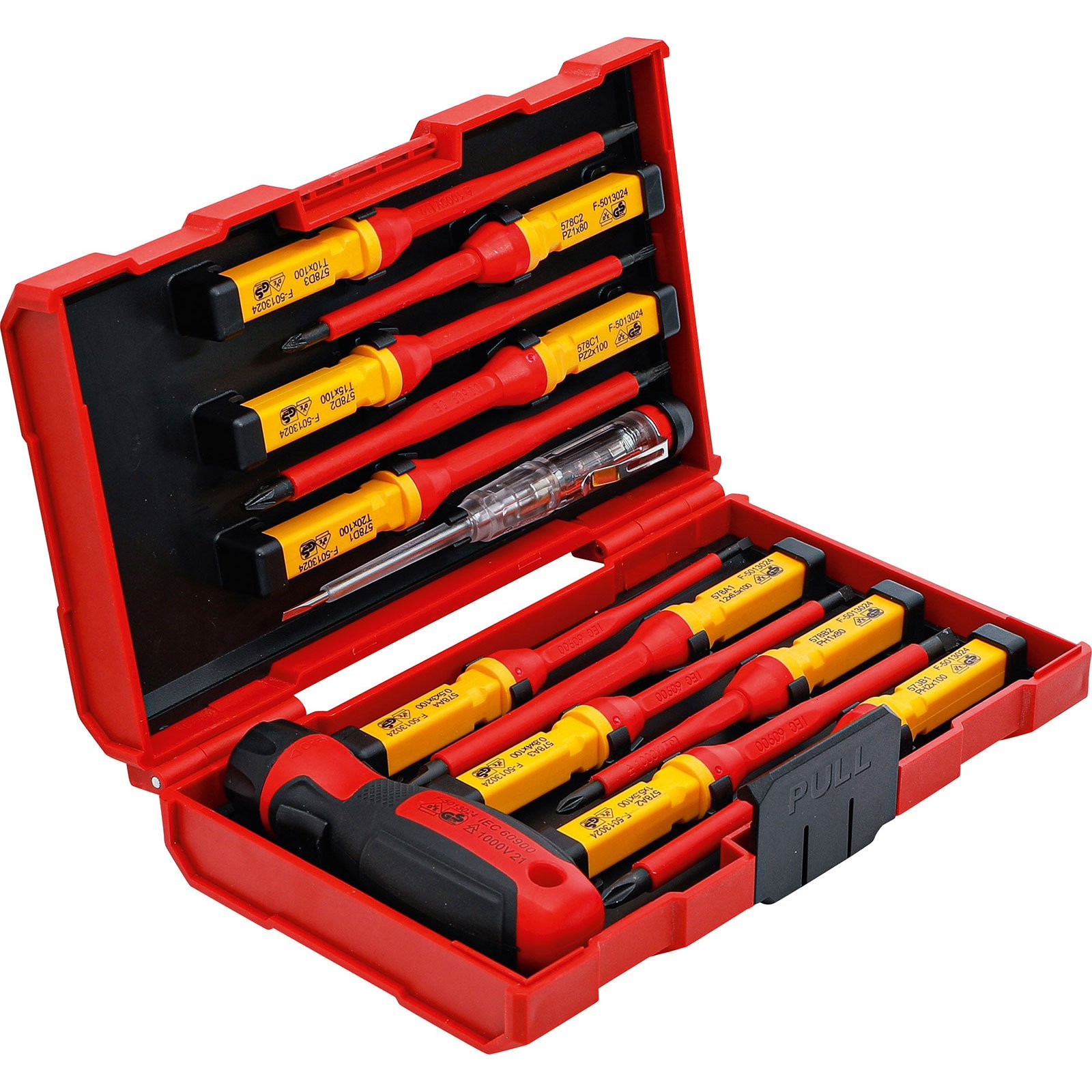 Roter Koffer mit isolierten Schraubendrehern in Rot und Gelb.