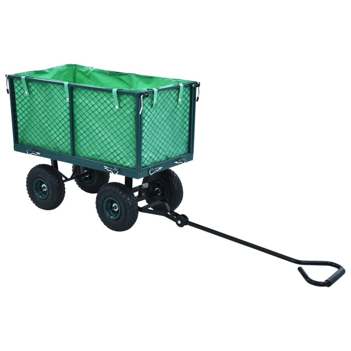 Grüner Bollerwagen mit Netzgitter und Griff.