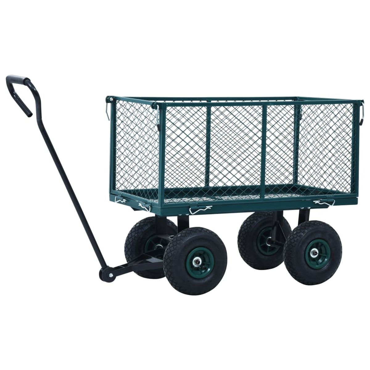 Grüner Netzgitterwagen mit vier Rädern und einem gebogenen Griff.