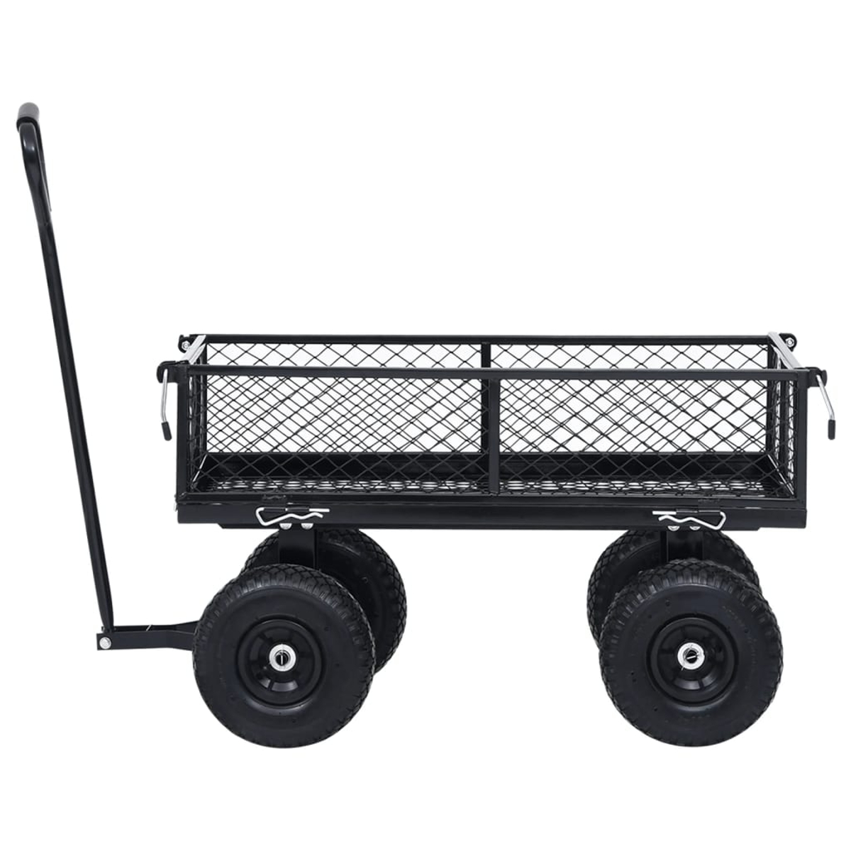 Schwarzer Drahtgitterwagen mit vier Rädern und Griff.