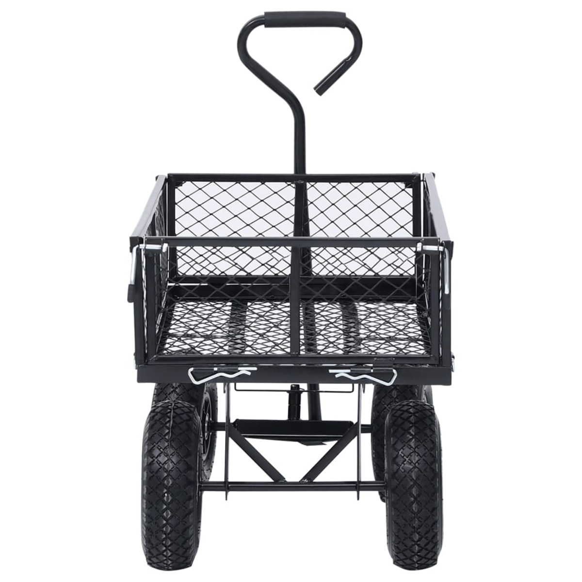 Schwarzer Bollerwagen mit Netzgitter, vier Rädern und gebogenem Griff.