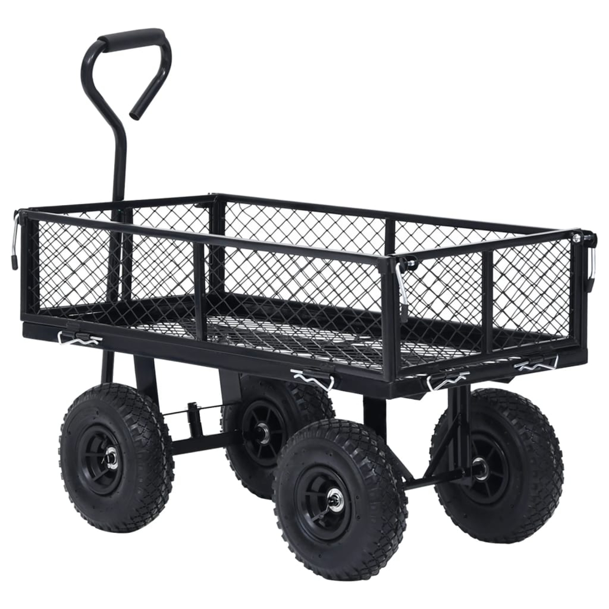Schwarzer Gartenwagen mit vier Rädern, Netzgitter und Griff.