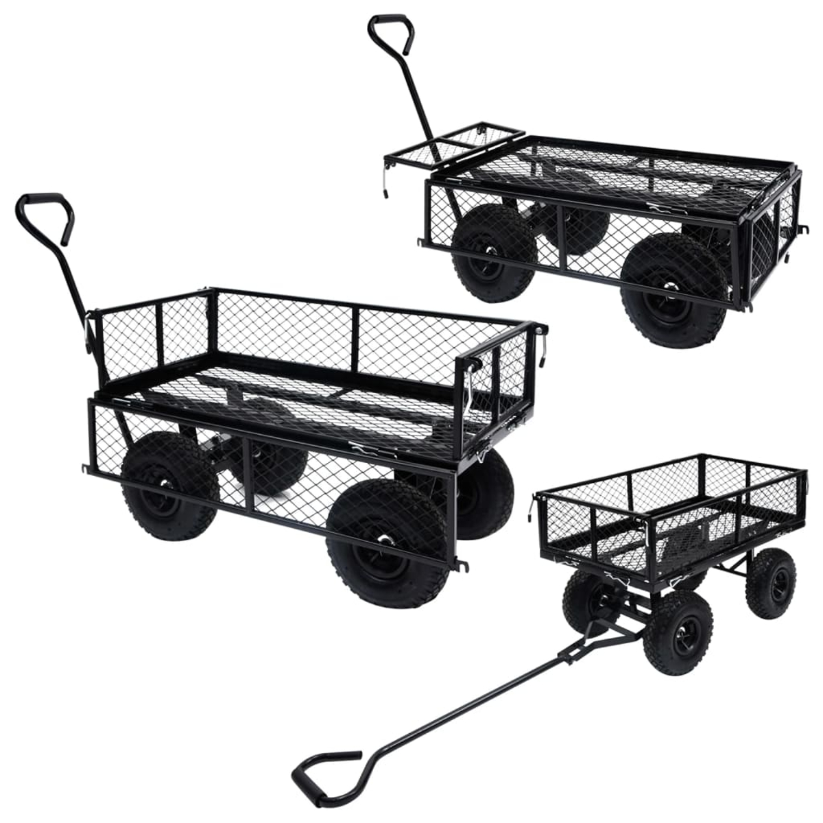 Drei schwarze, vierrädrige Drahtgitterwagen mit Griffen und Reifen.