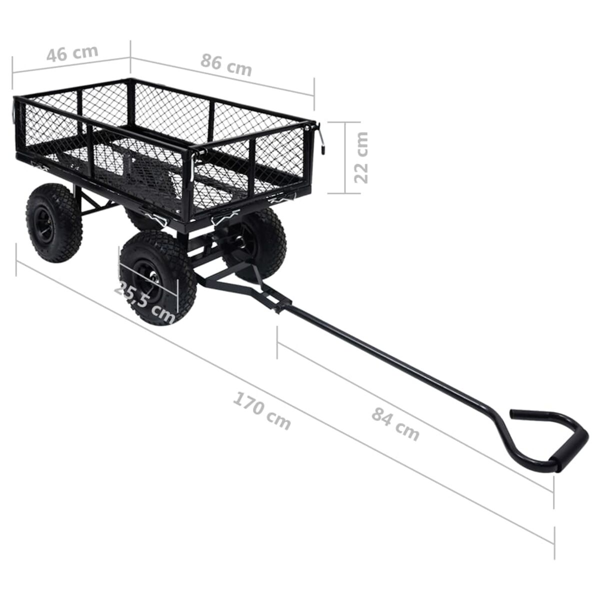 Schwarzer Gartenwagen mit vier Rädern, Maße 86x46x22cm.