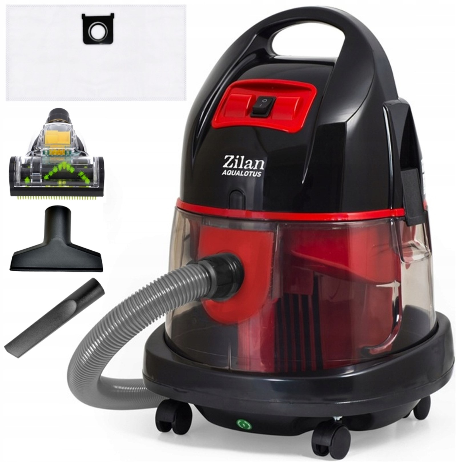 Czarny odkurzacz Zilan AQUALOTUS z czerwonymi akcentami i akcesoriami.