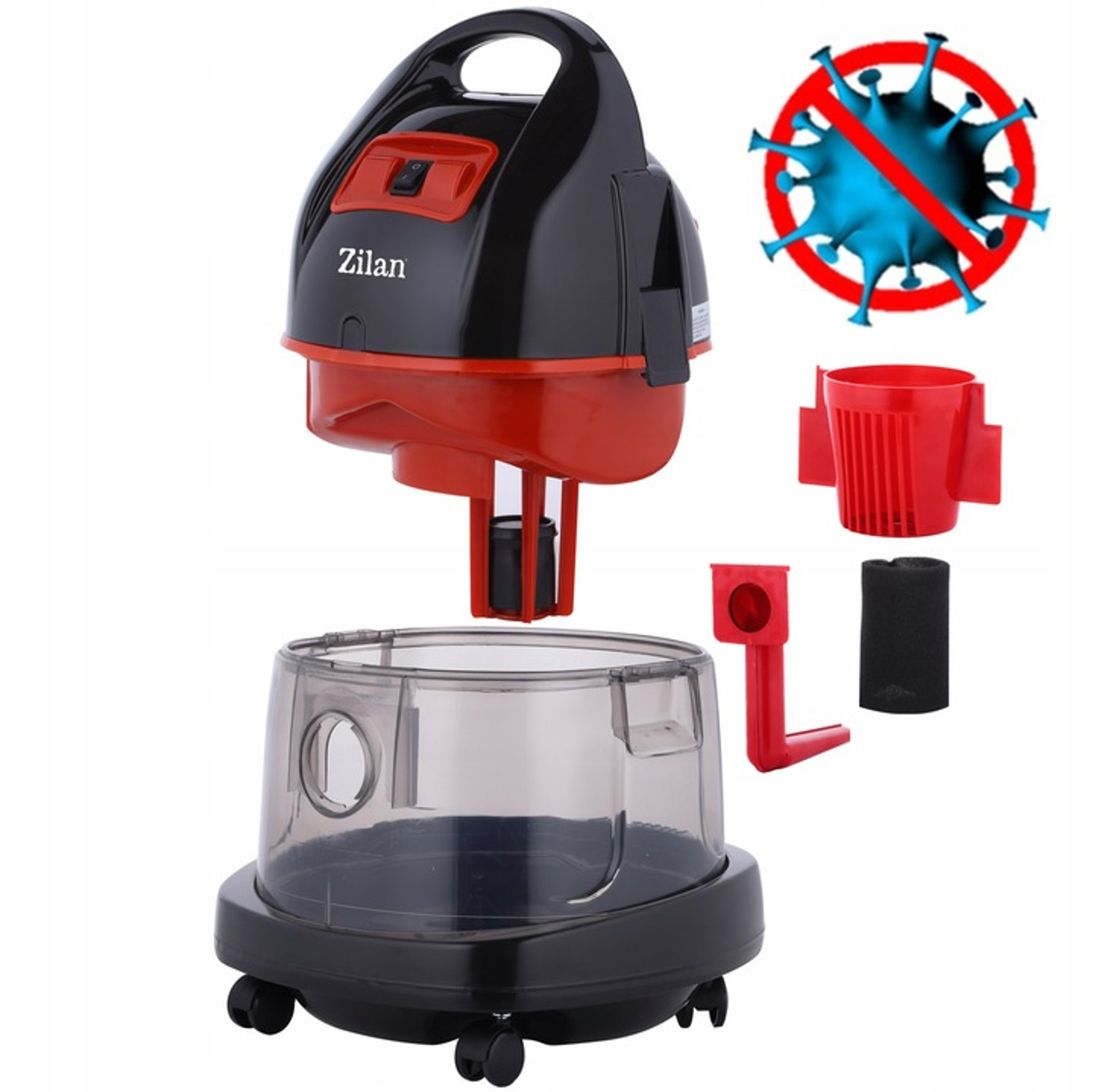 Czerwono-czarny odkurzacz Zilan z akcesoriami i symbolem wirusa.