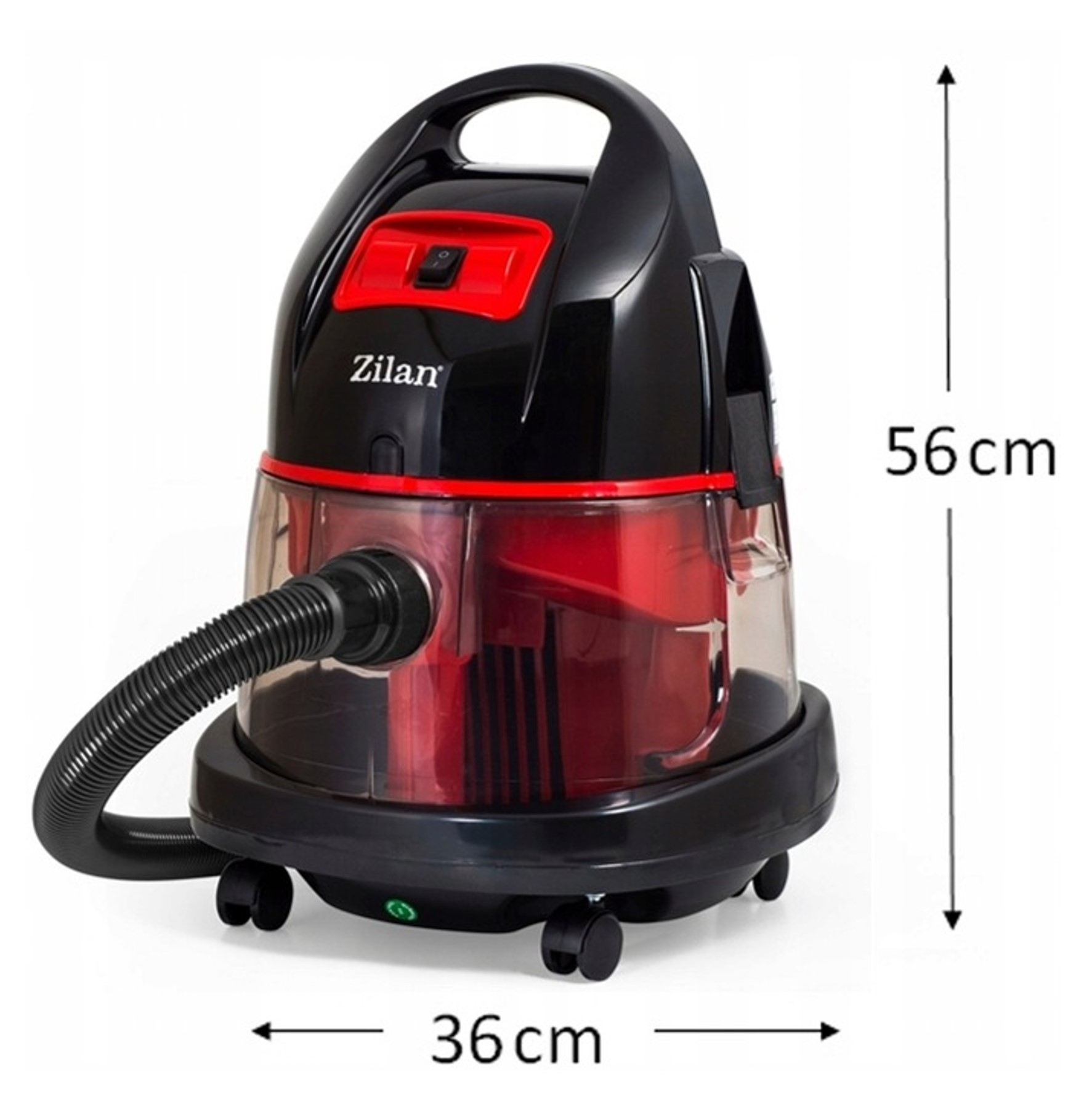 Czarny i czerwony odkurzacz Zilan z przezroczystym zbiornikiem na kółkach.
