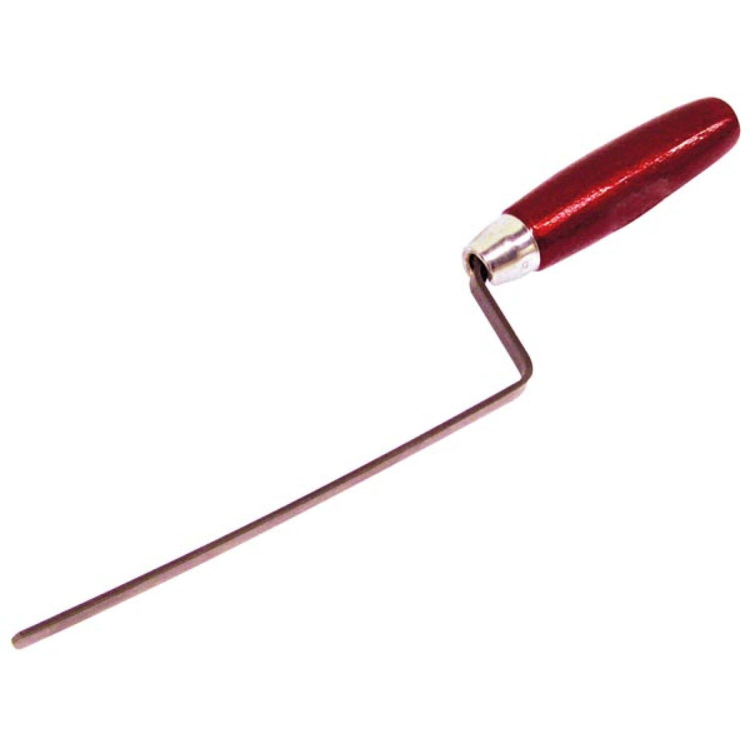Un raschietto metallico piegato con manico in legno rosso.