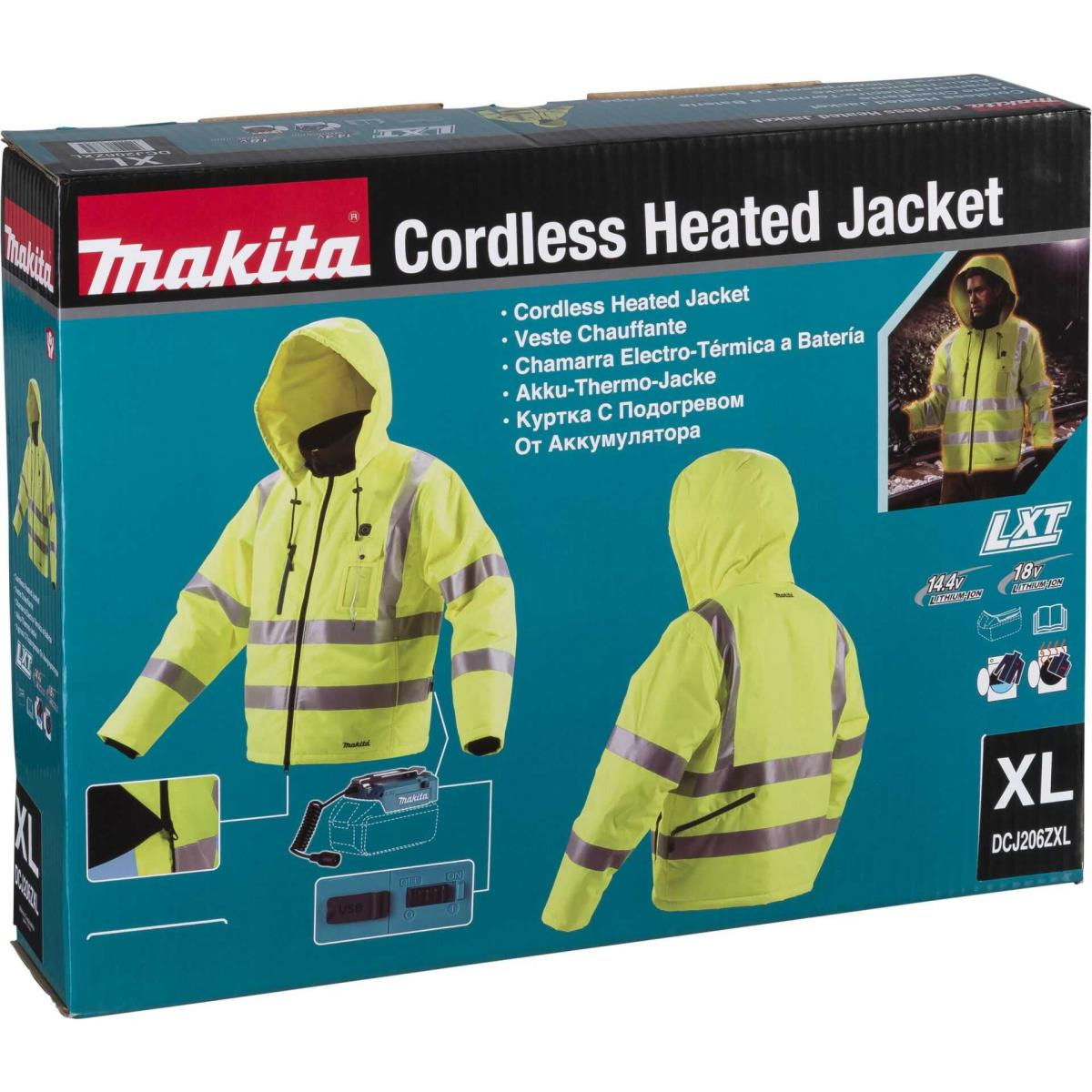 Confezione di una giacca riscaldata Makita senza fili giallo fluo con strisce riflettenti.