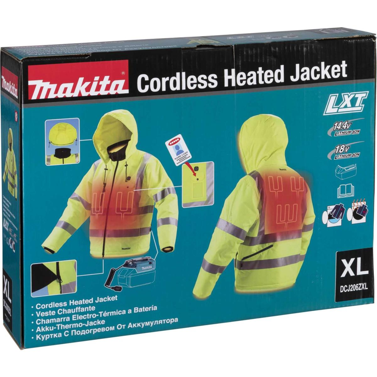 Giacca Riscaldata Makita Senza Fili XL, gialla con strisce riflettenti e zone riscaldate rosse.