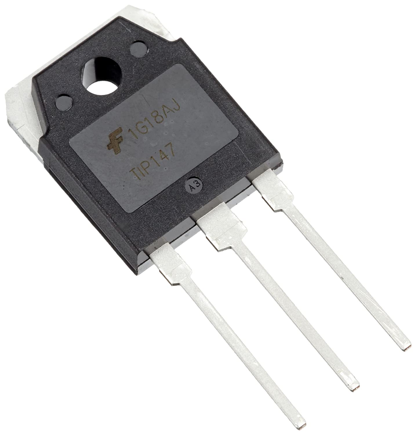 Schwarzer Transistor mit drei silbernen Pins und der Aufschrift TIP147.