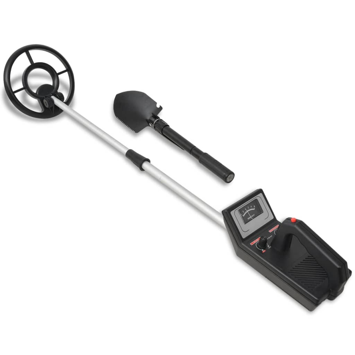 Un metal detector con bobina nera, asta argentata e manico nero con indicatore.