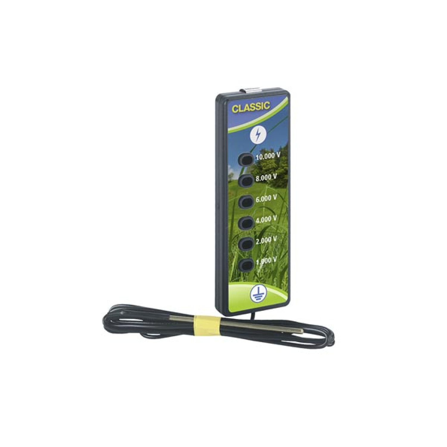 Ein Spannungsprüfer mit Kabel und verschiedenen Anzeigewerten von 1.000 V bis 10.000 V.