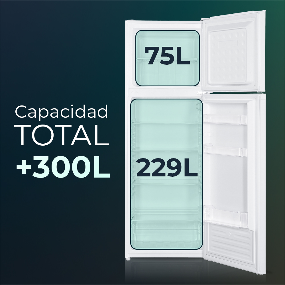 Refrigerador blanco con puerta abierta, mostrando capacidad de 75L y 229L.