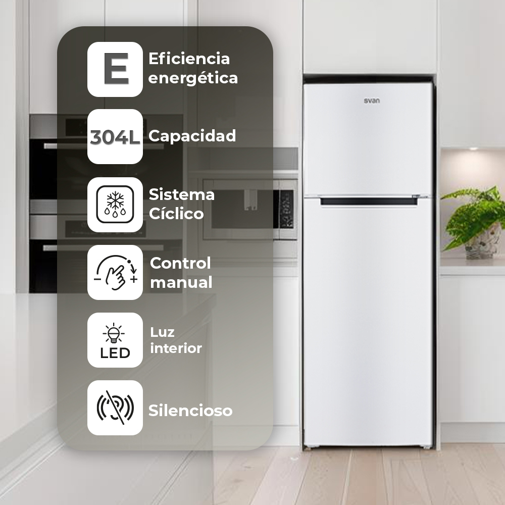 Un refrigerador blanco con congelador en una cocina, con características listadas.