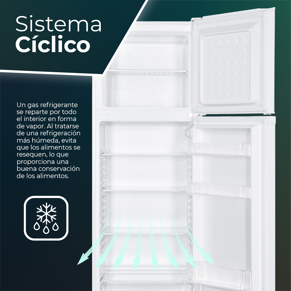 Sistema cíclico: refrigerante en vapor para conservar alimentos.