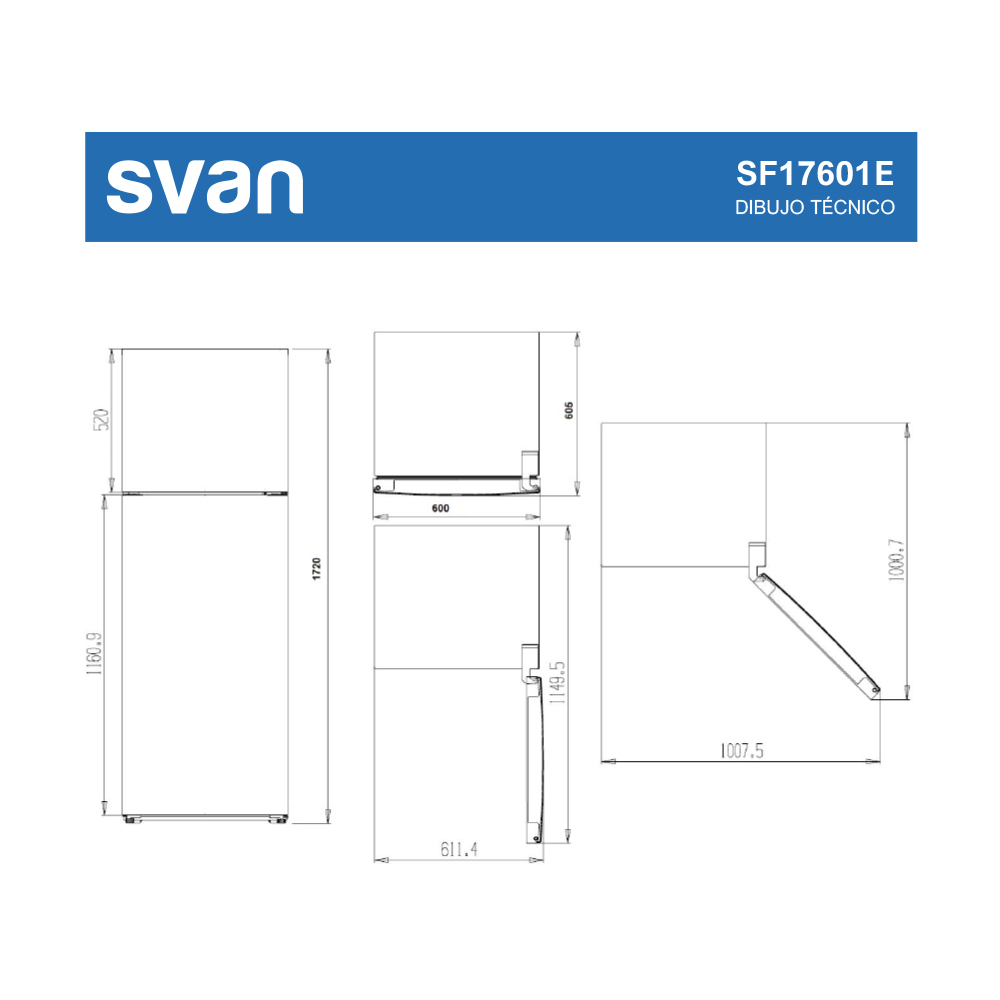 Dibujo técnico de un frigorífico de dos puertas con dimensiones.