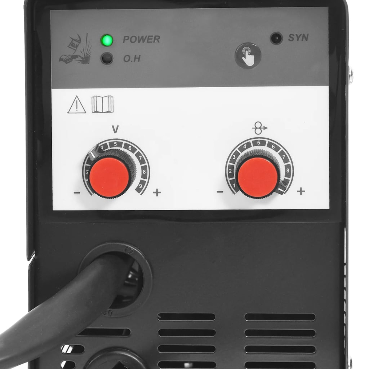 Pannello di controllo saldatrice con due manopole, spie luminose e cavo.
