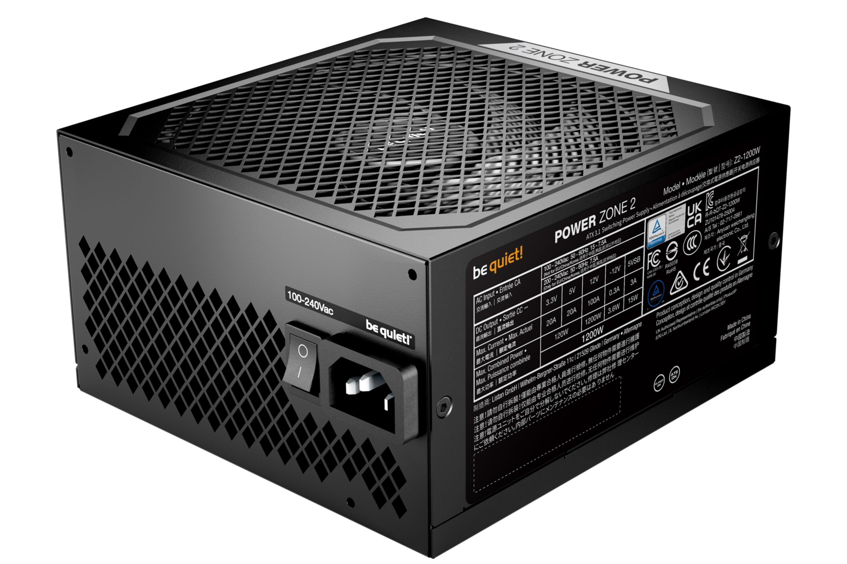 Zwarte computer voeding met rooster en labels.
