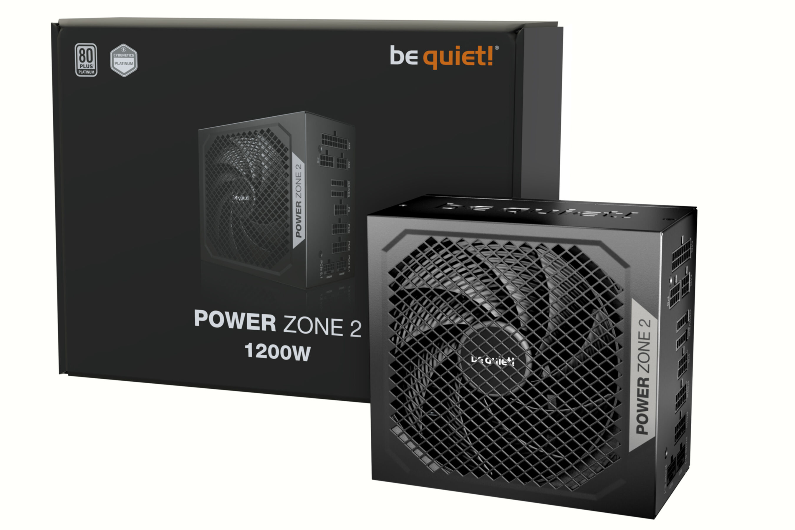 Een zwarte 'be quiet!' voeding, model POWER ZONE 2.