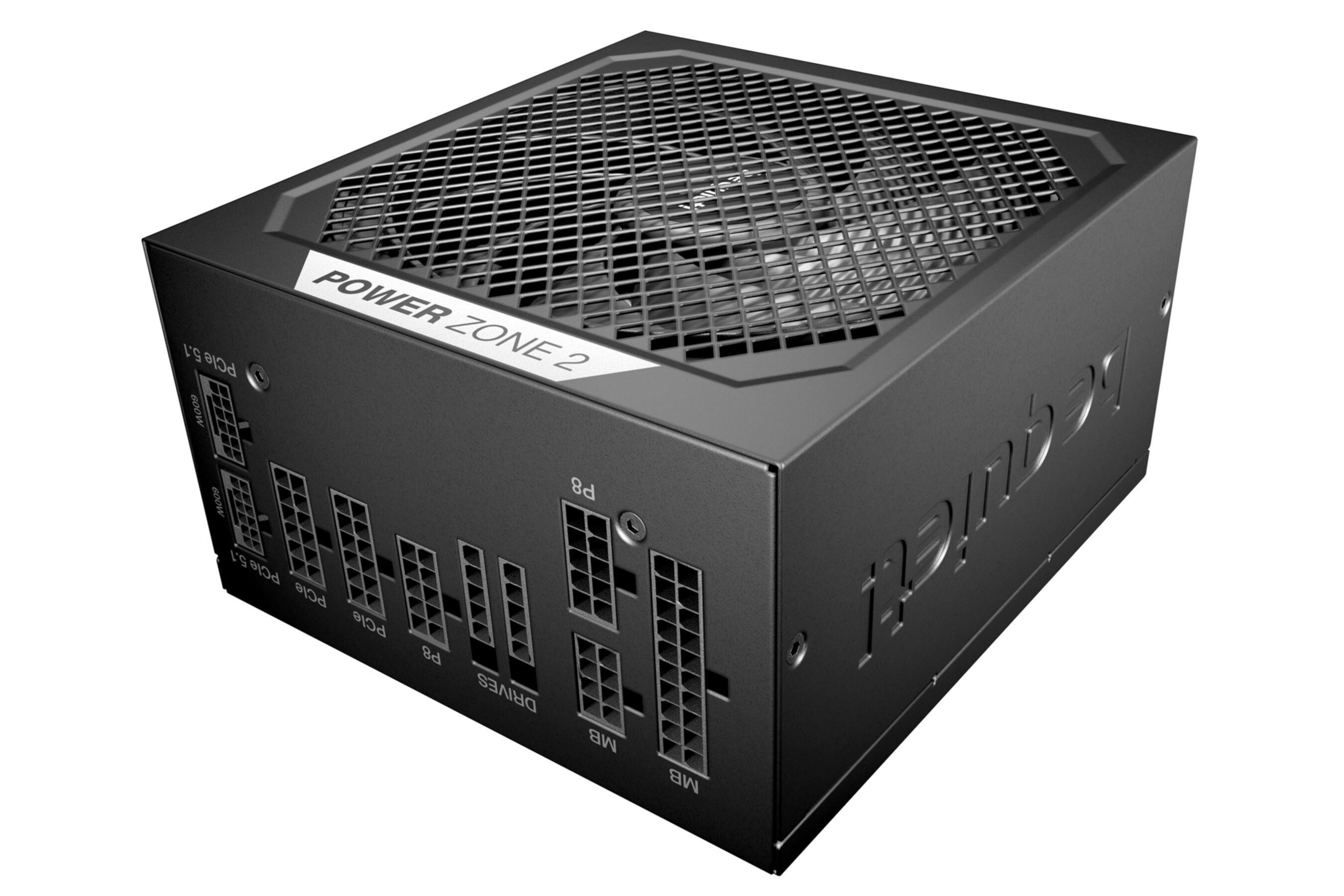 Zwarte voeding met ventilatorrooster en poorten. Gekruld: POWER ZONE 2.