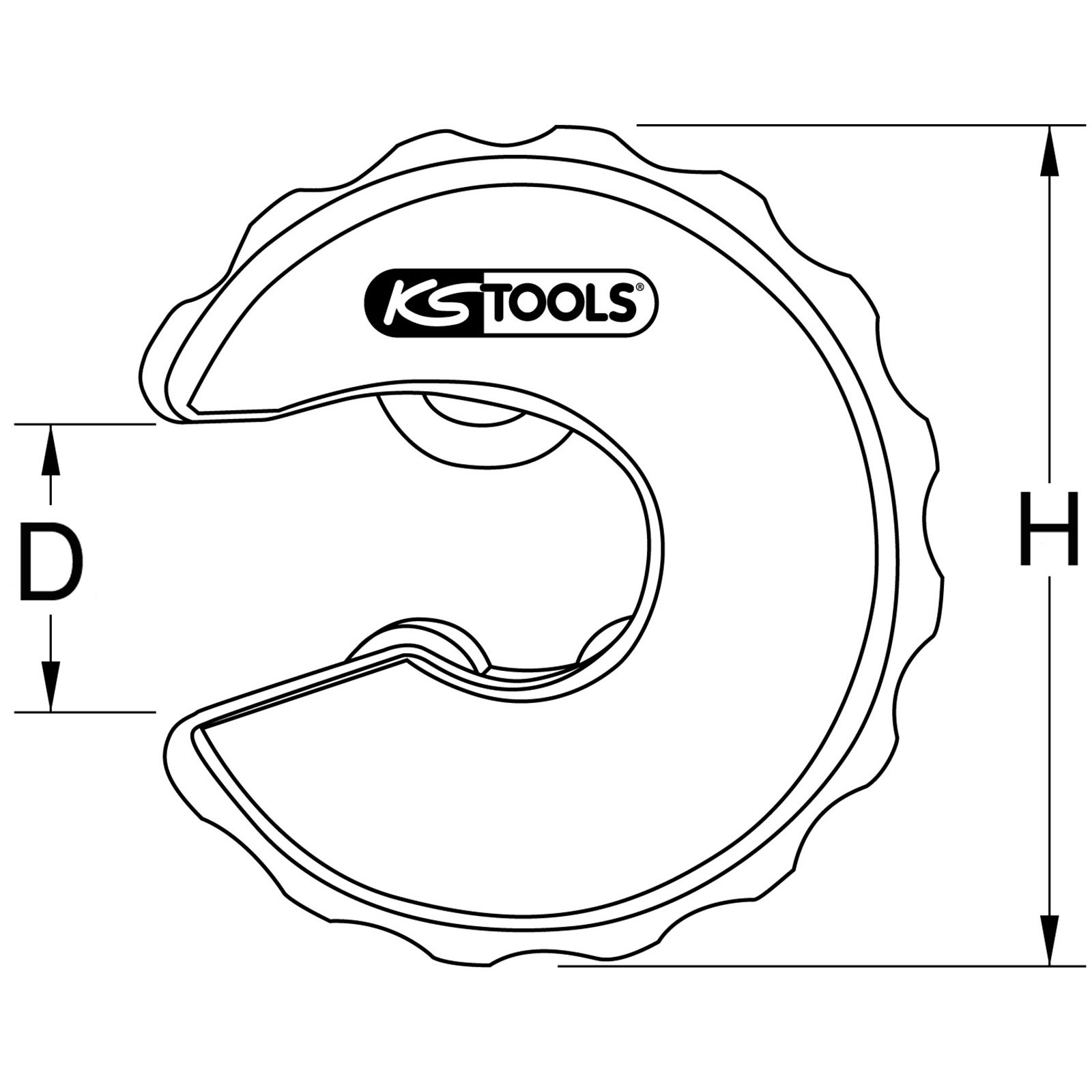 Disegno tecnico di un tagliatubi con logo e dimensioni D e H.