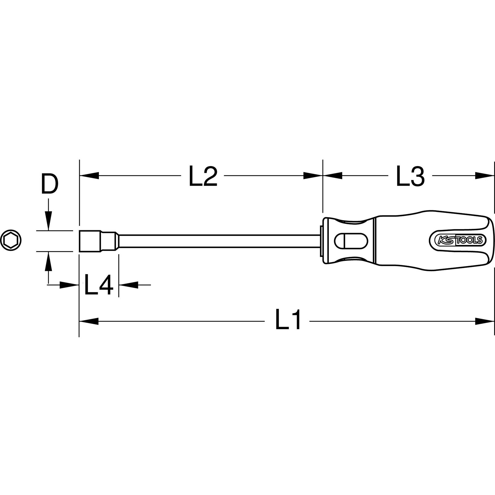 Ein Schraubendreher mit Sechskantkopf und Maßen L1, L2, L3, L4 und D.
