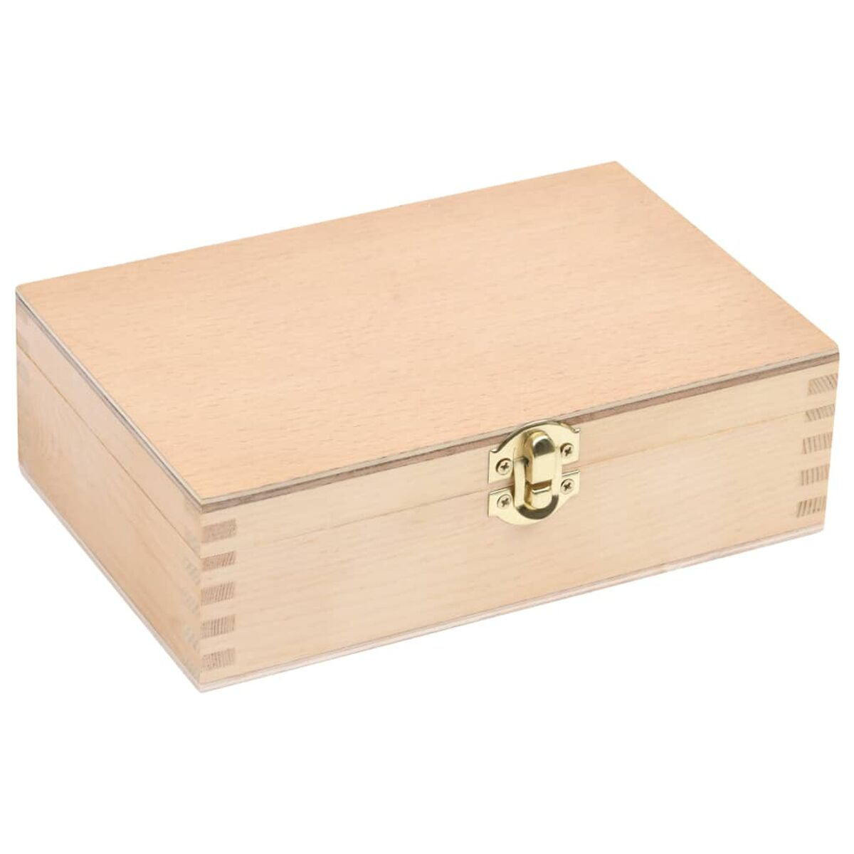 Eine hölzerne rechteckige Schatulle mit einem goldenen Verschluss.