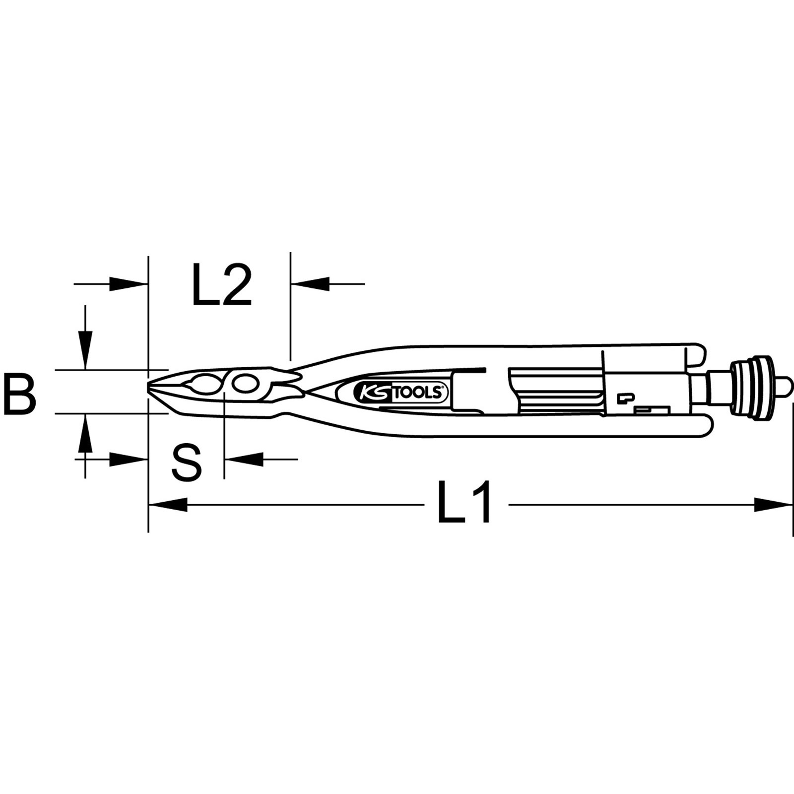 Technische Zeichnung eines Drahtabisolierwerkzeugs mit Maßen L1, L2, B und S.