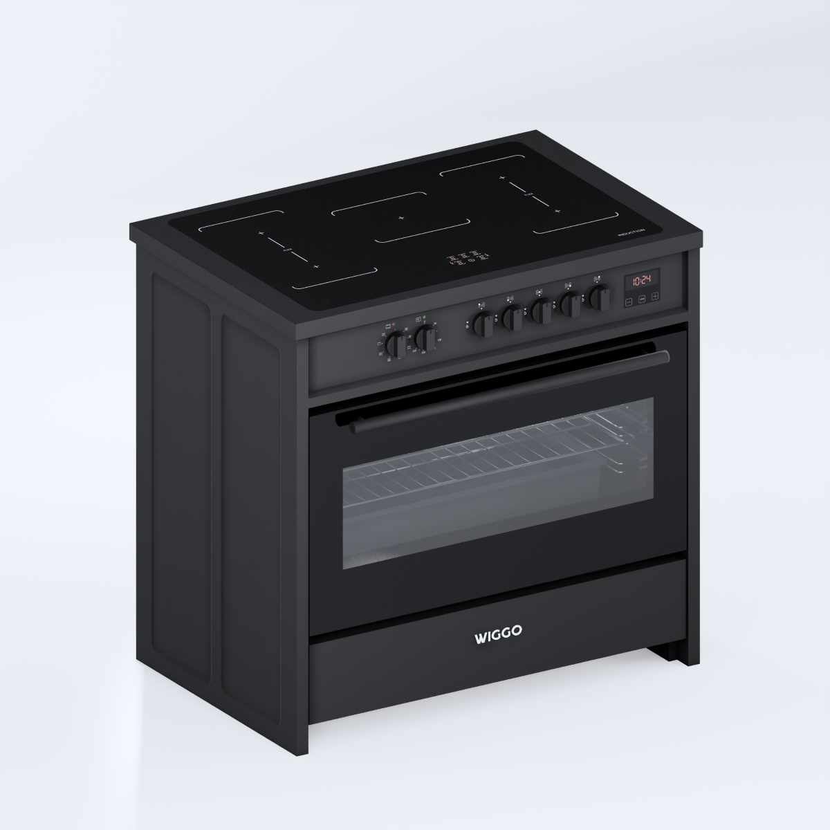 A black induction stove with an oven and timer.