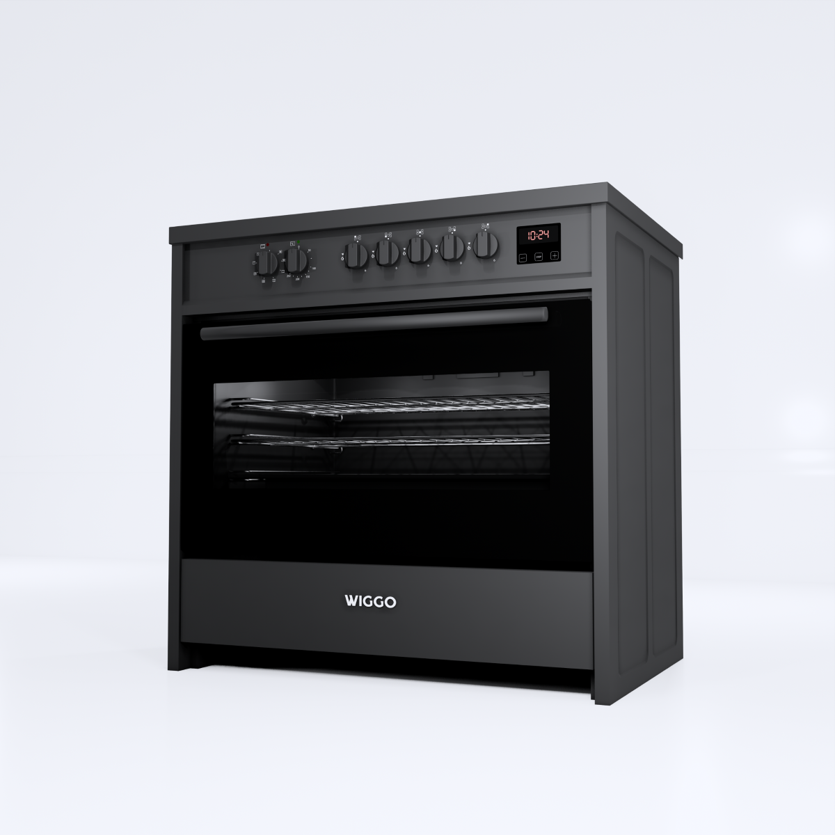 A modern black oven with a digital clock and a glass door.