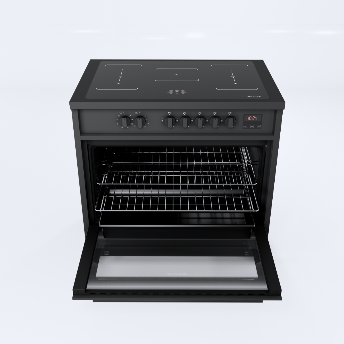 A black induction stove with an open oven featuring two racks.