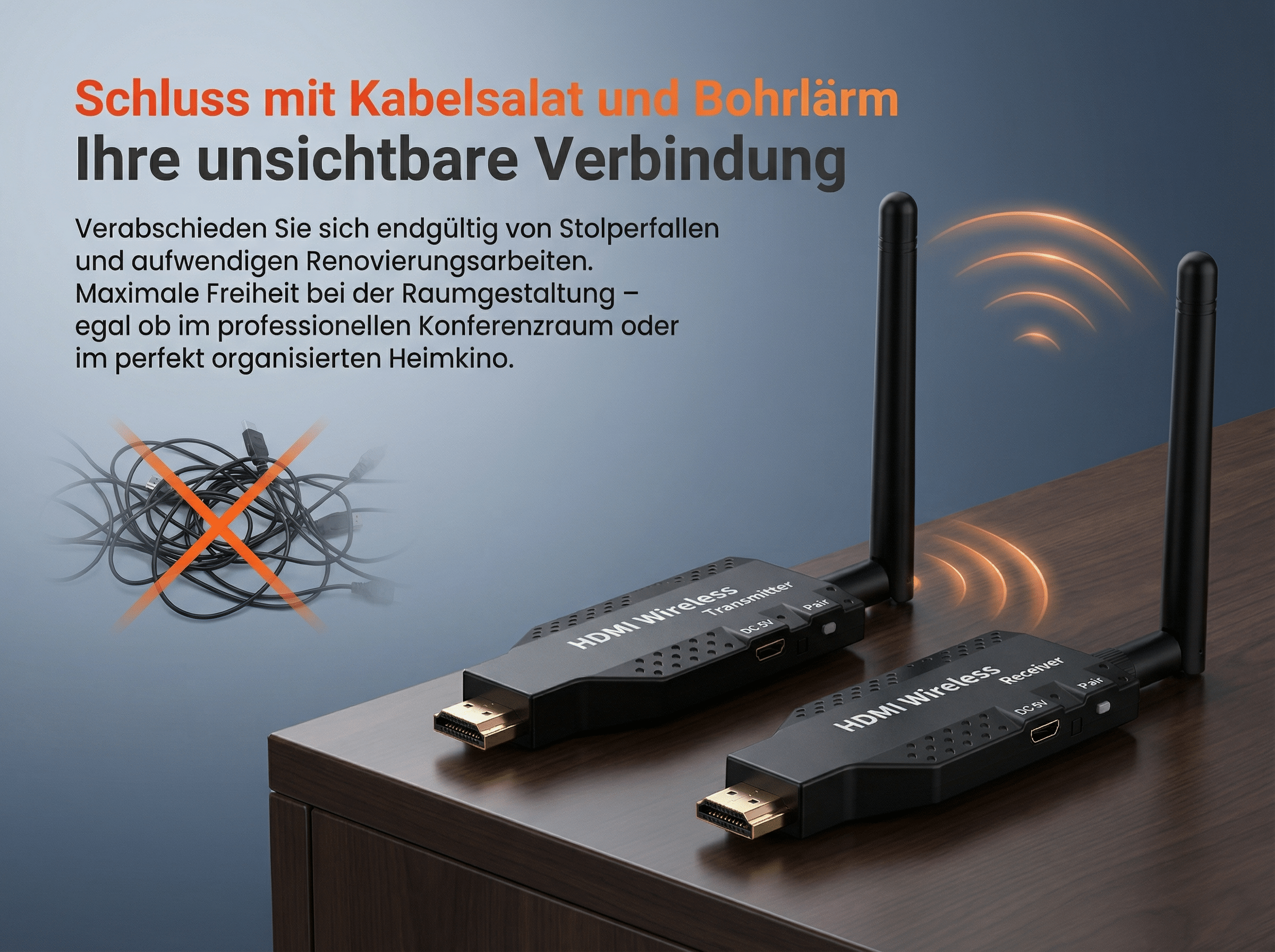 Drahtlose HDMI-Sender und -Empfänger auf einem Tisch, mit einem durchgestrichenen Kabelhaufen.
