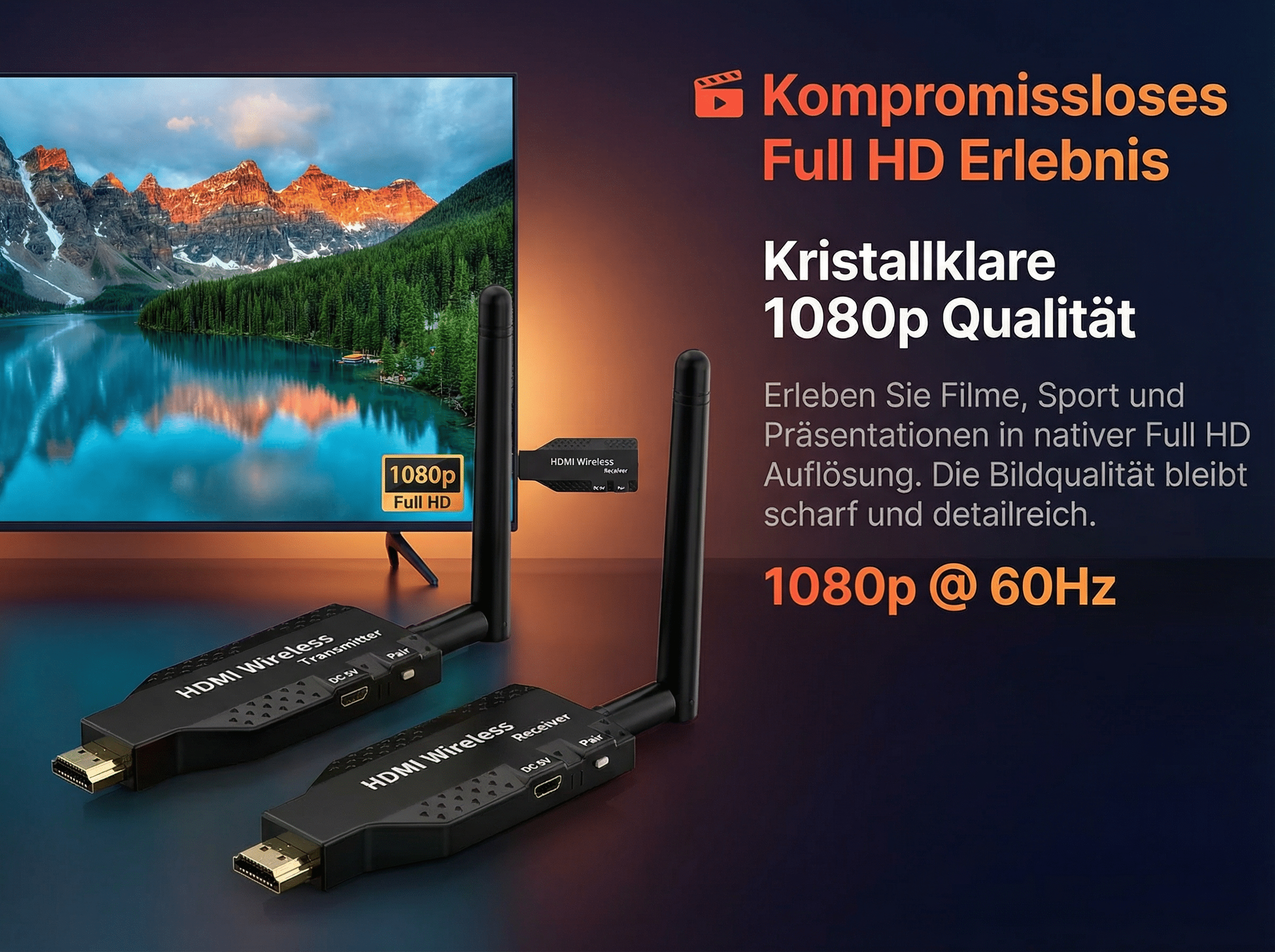 Zwei schwarze HDMI-Sender/Empfänger mit Antennen vor einem Fernseher.