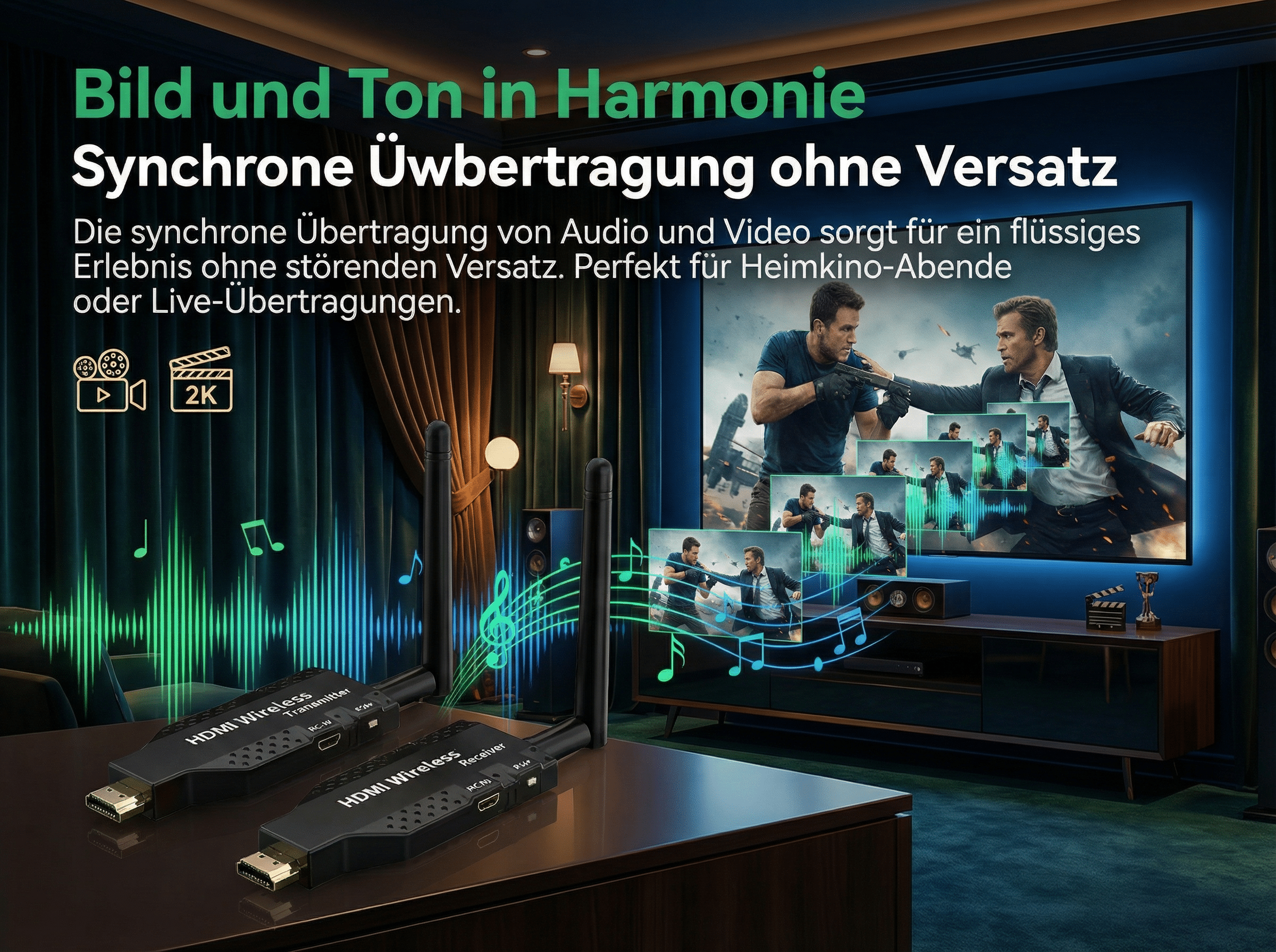 HDMI Wireless Transmitter und Receiver vor einem TV mit Film-Szene und Musik-Visualisierung.