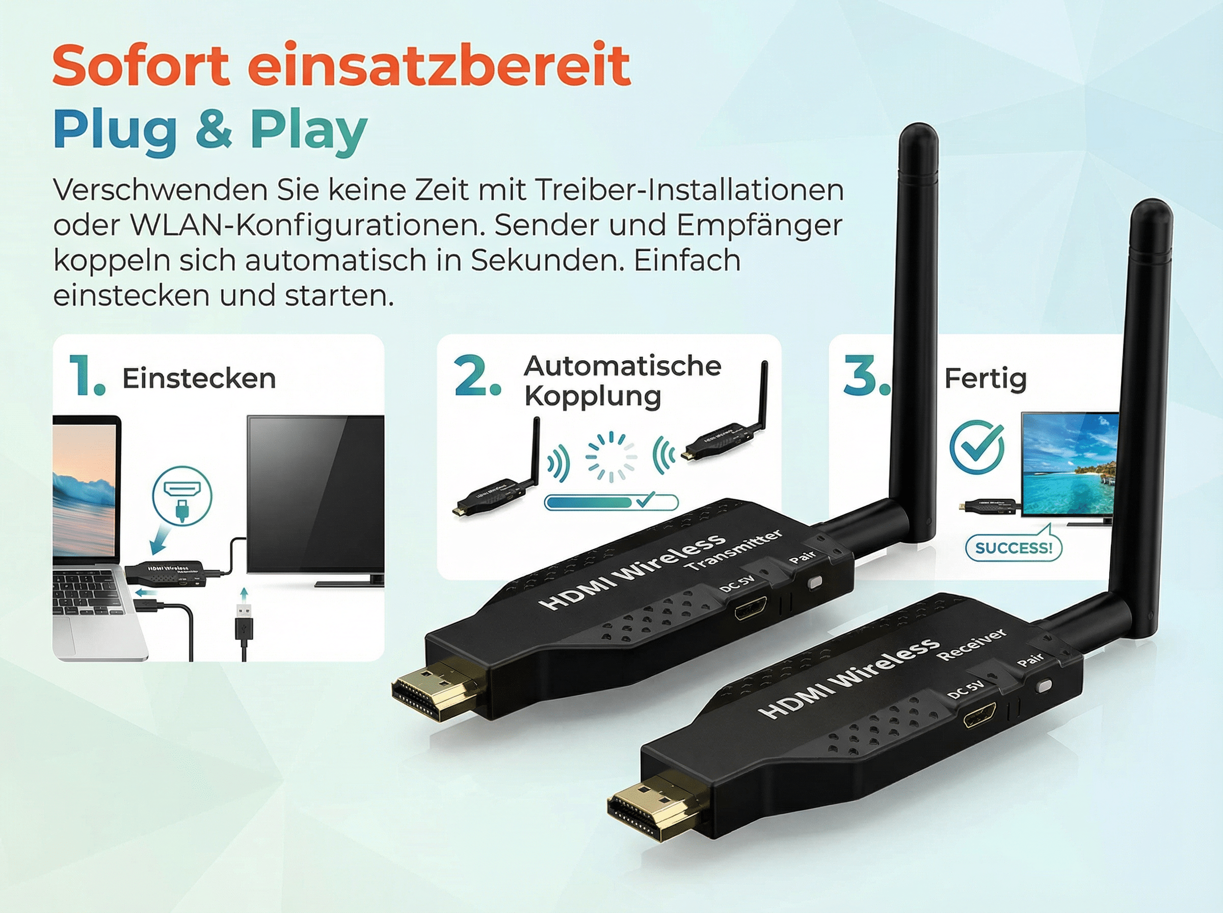 HDMI Sender/Empfänger: Einstecken, koppeln, fertig. Plug & Play.