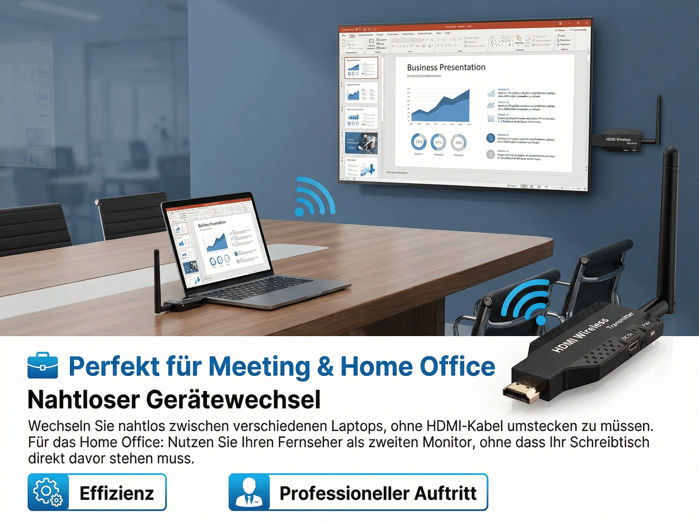 Laptop und HDMI-Sender im Büro mit Präsentation auf dem Bildschirm.