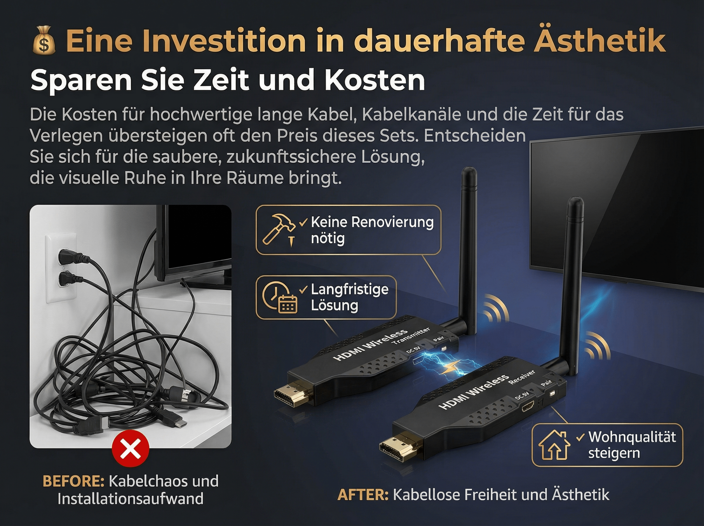 Vorher: Kabelsalat. Nachher: Kabellose HDMI-Sender/Empfänger für saubere Ästhetik.