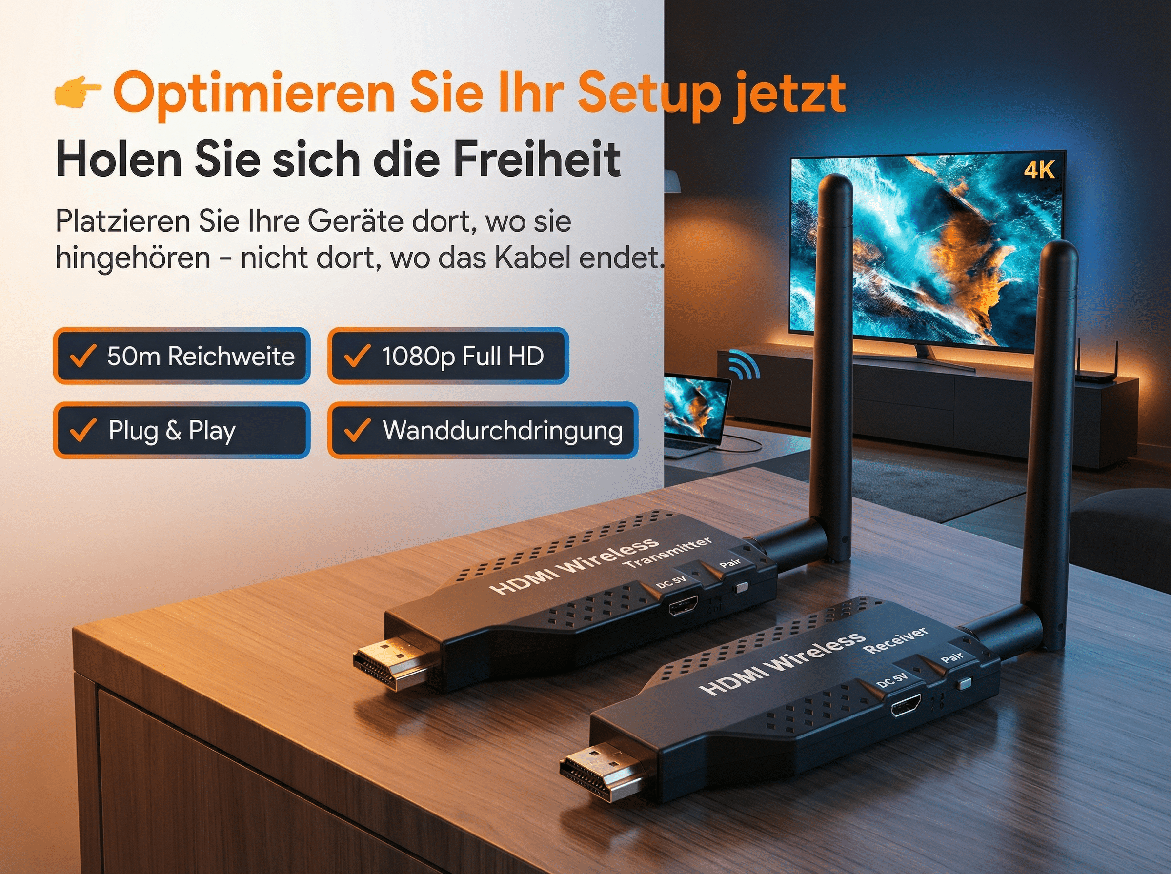 HDMI Wireless Transmitter und Receiver auf Holztisch vor 4K TV. Reichweite 50m.