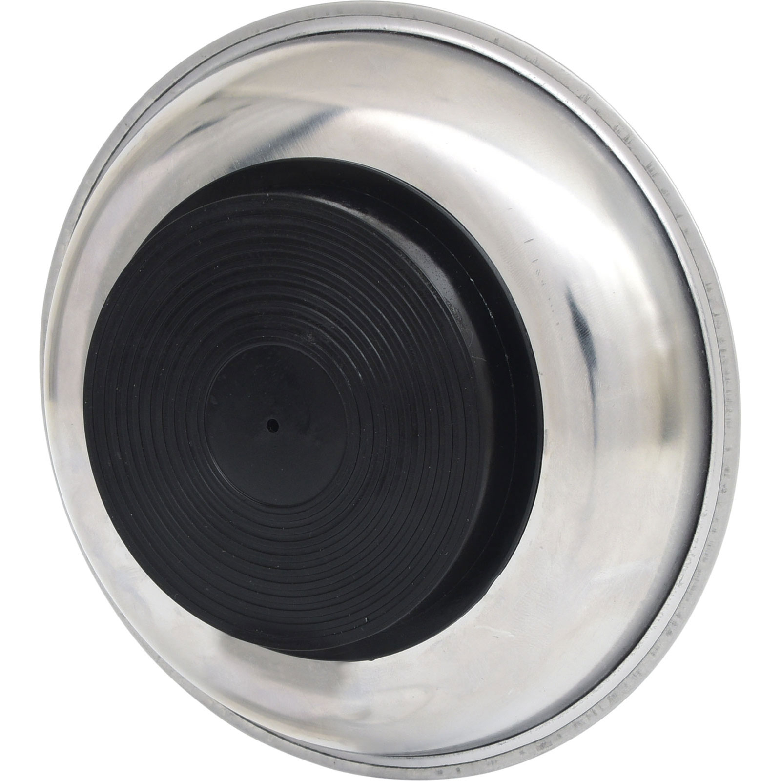 Ciotola in acciaio inox con base in gomma nera, scanalature concentriche.