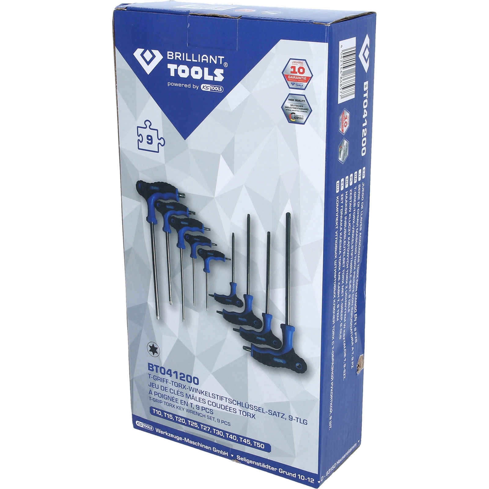 Verpackung mit T-Griff Torx-Schlüsseln, blau und schwarz, 9 Stück.