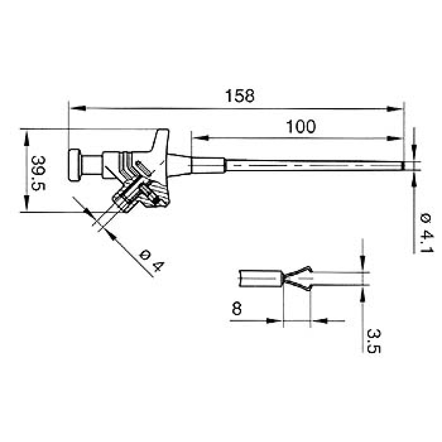 Technische Zeichnung eines Bauteils mit Maßen wie 158, 100, 39.5, 4.1, 4, 8, 3.5.