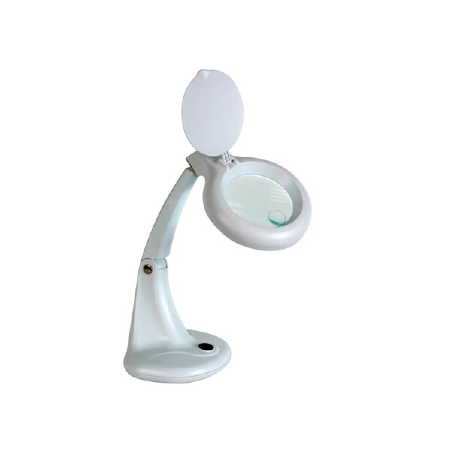 Eine weiße Lupe mit LED-Licht und verstellbarem Arm steht auf einem runden Sockel.