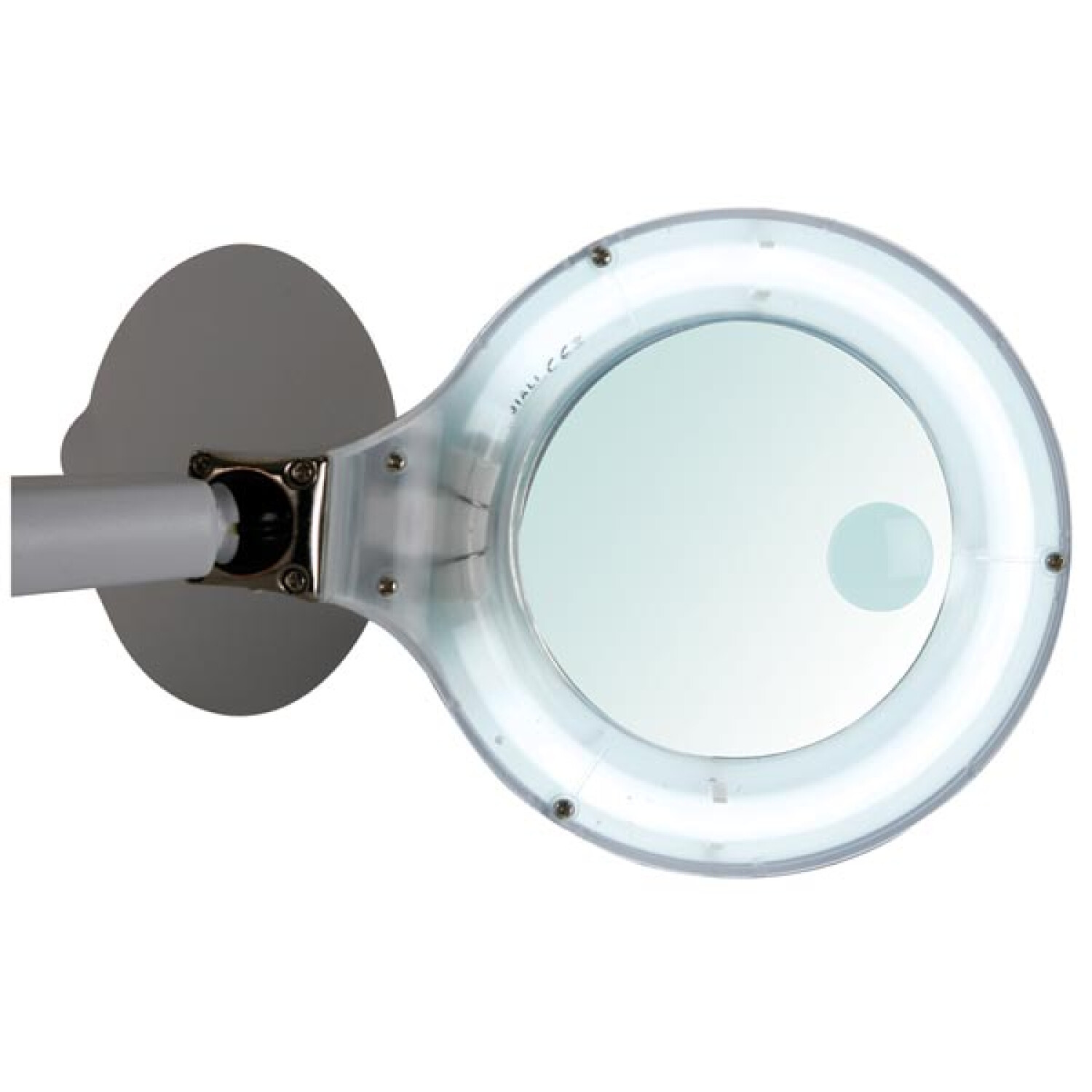 Ein Vergrößerungsglas mit Ringlicht auf weißem Hintergrund.
